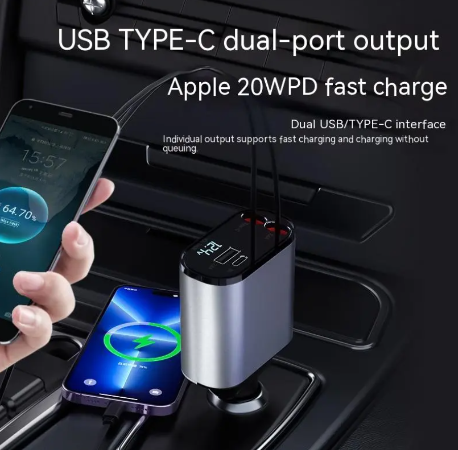 Fast Car Charger with Auto-Retract Cable