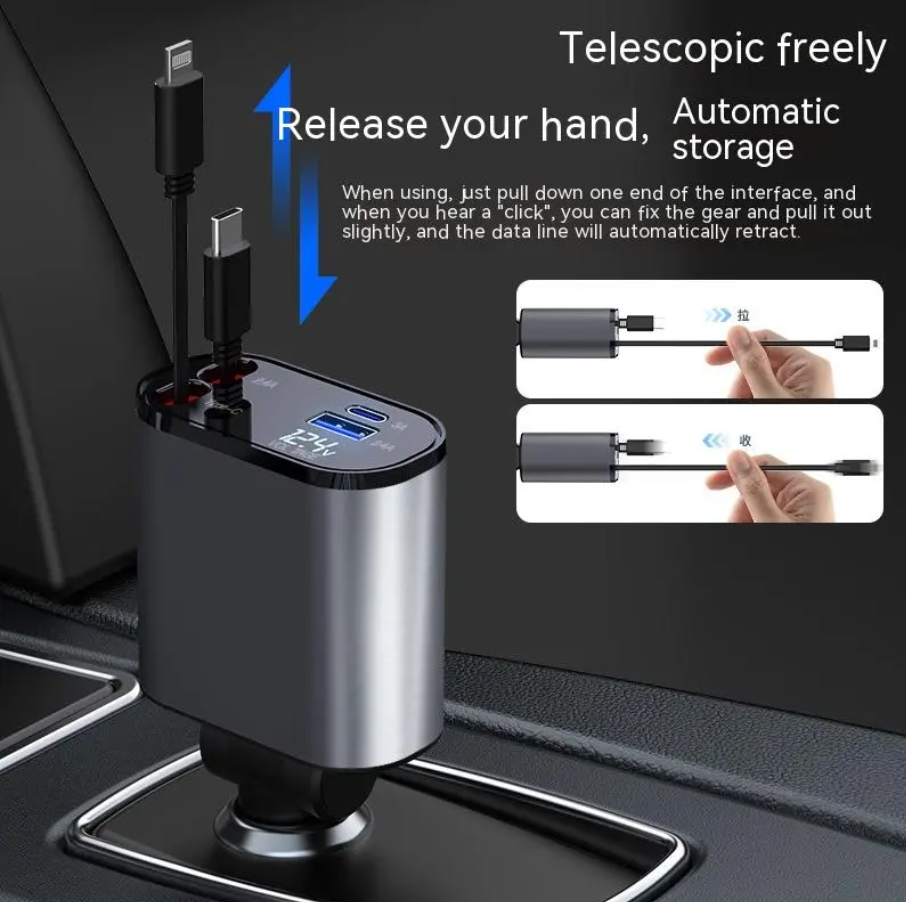 Fast Car Charger with Auto-Retract Cable